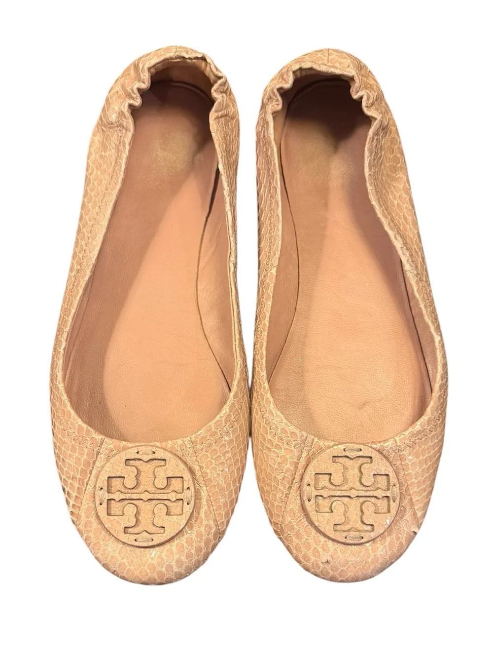 Tory Burch Blush Tan Snake-Embossed Leather Minnie Travel Ballet Flats Size 8.5